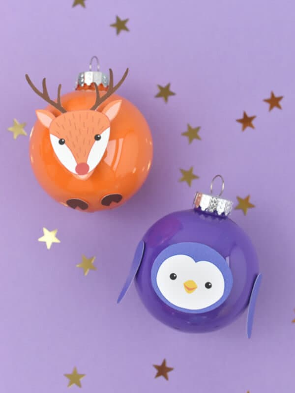 nopin="nopin" animal themed DIY Christmas ornaments featuring a reindeer and a purple penguin