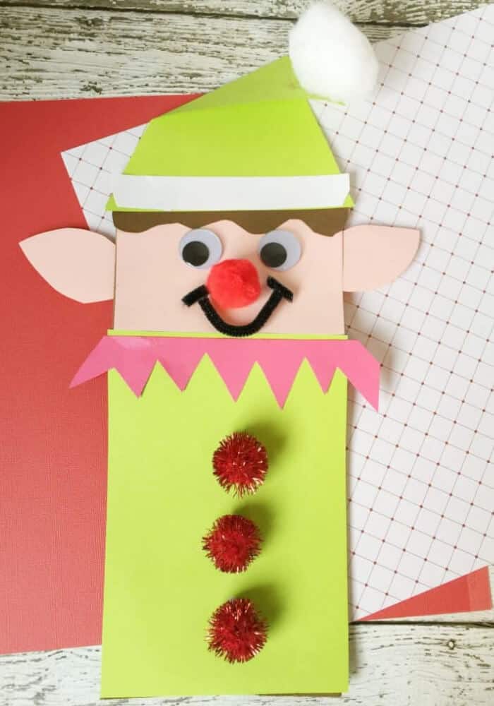 nopin="nopin" easy craft for kids featuring elf puppet made with paper bag