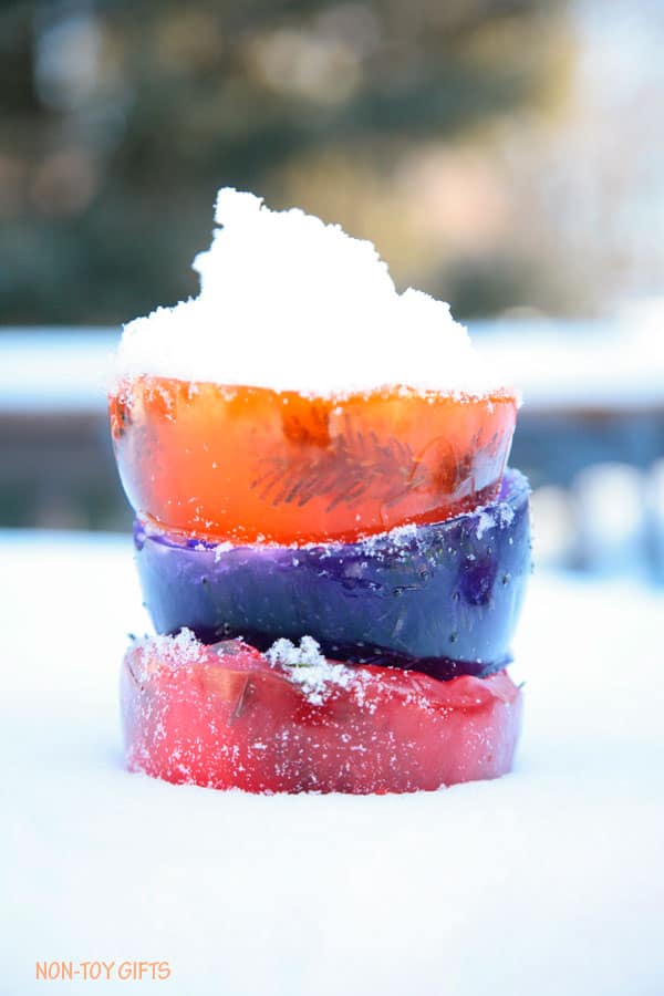 nopin="nopin" colorful ice bowls made with ice stacked on top of snow