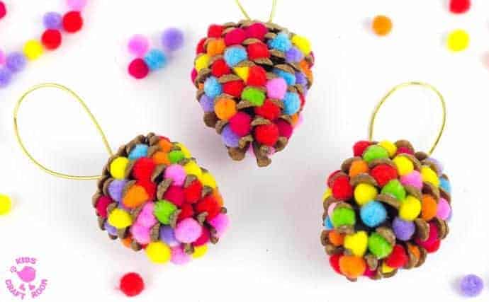 nopin="nopin" colorful pinecone craft using pom pom