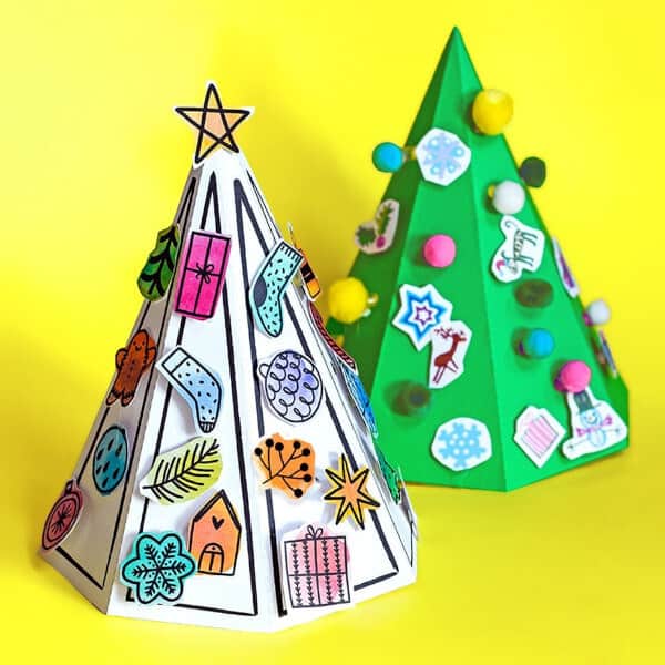 nopin="nopin" 3d paper advent tree craft made with paper on a yellow backdrop