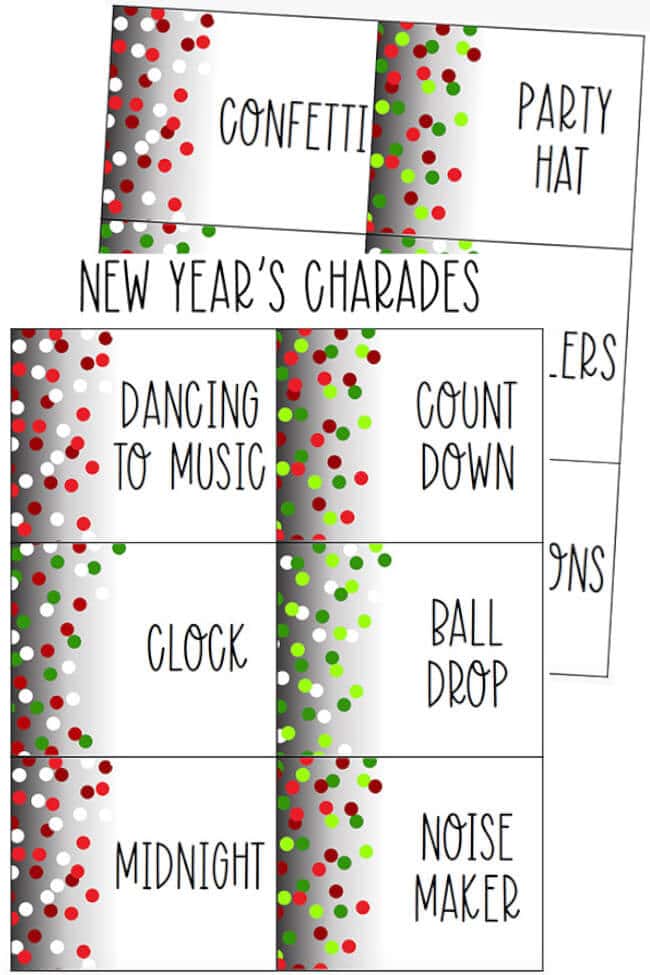 printable charades for new years eve activity for kids featuring festive colors