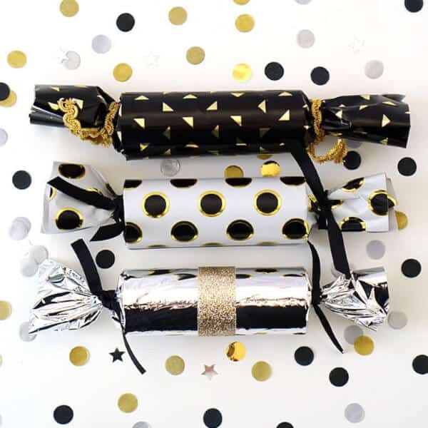 black and white dotted wrapped nye party crackers