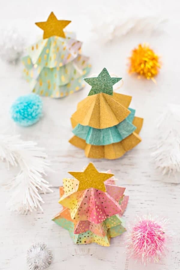 nopin="nopin" tree ornaments made from printable template in pale colors with star and confetti details
