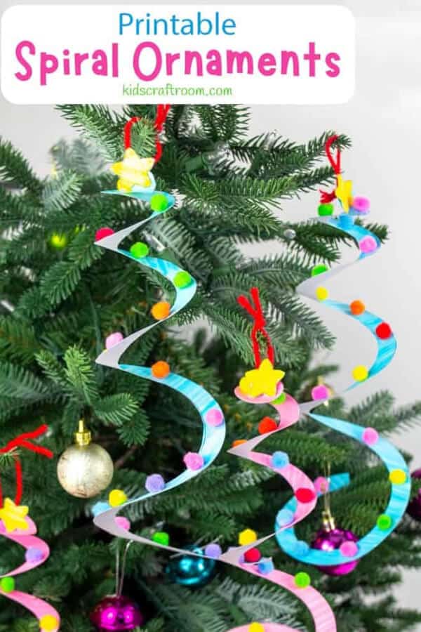 nopin="nopin" multicolor paper spiral Christmas tree ornaments against a dark background